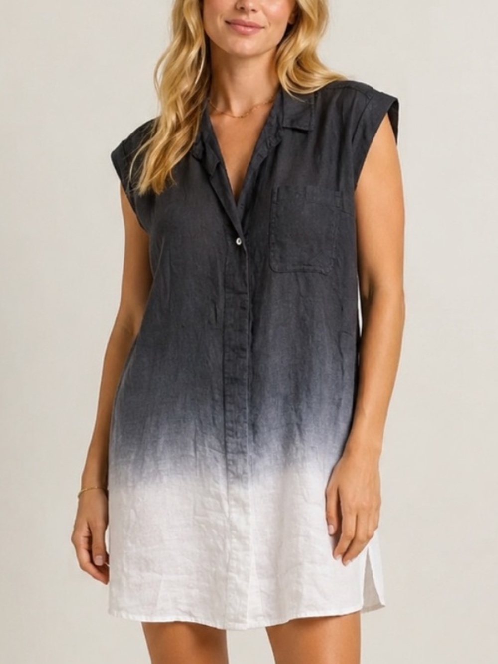 Pure Amici 100% Linen Ombré Sleeveless Button Front Mini Dress 25562